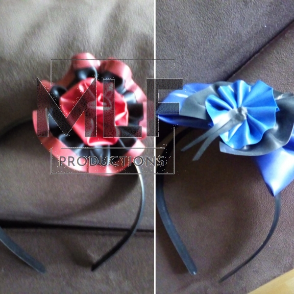 headband with latex rosette in red-black or blue-black burlesque goth