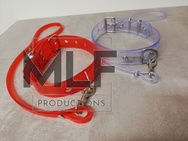 pvc halsband mit d-ring und leine mit karabinerhaken in rot oder transparent bdsm goth dark fashion